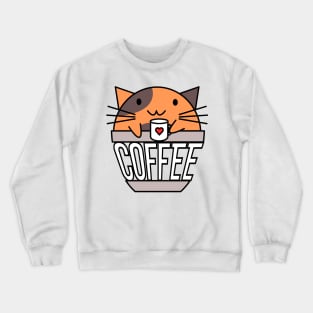 Cat in coffee cup with warped text holding coffee cup with heart orange and brown Crewneck Sweatshirt